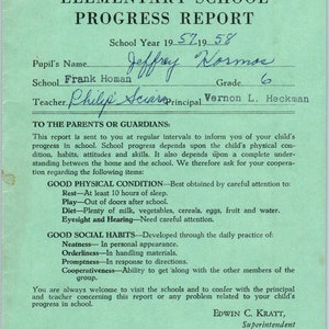 1957-58 Escuelas de la ciudad de Fresno Boleta de calificaciones de Fresno CA Jeffrey Kormos Grado 6 AB9