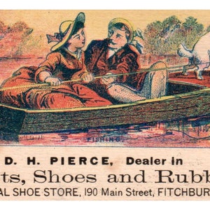 D.H. Pierce Boot Schuhe Gummis Fitchburg Mass BOATING - 1880s Trade Card TJ8-3