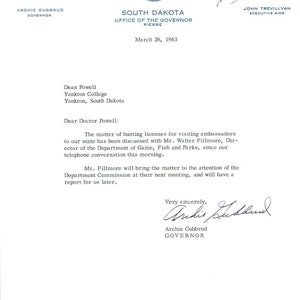 Membrete oficial del gobernador de Dakota del Sur firmado por Archie Gubbrud, marzo de 1963 TK1-P11