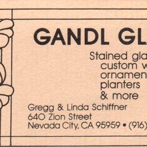 Carte de visite vintage Gandl Glass, Gregg & Linda Schiffner, Nevada City, Californie, SD8-B4