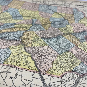 Carte de la Pennsylvanie de 1899, dépliante, gravure de carte teintée originale FL6-8