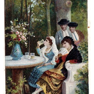 En La Almeda Chocolate Juncosa Barcelona - cartão comercial vitoriano da década de 1880 TJ8-3-1