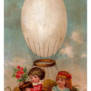 Mongolfiera con uovo gigante per bambini di Pasqua - Carta commerciale vittoriana del 1880 TJ8-3