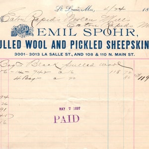 1897 Emil Spohr lana tirada y pieles de oveja encurtidas St. Louis MO membrete D17