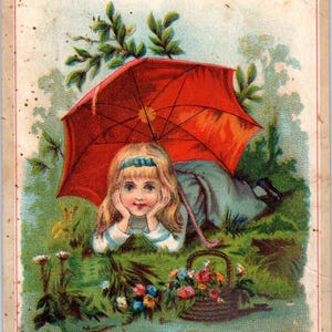1880er Viktorianische Handelskarte BLANK Kleines Mädchen unter rotem Regenschirm AE6-SF1