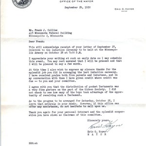 1950 Stadt Minneapolis Büro des Oberbürgermeisters Offizieller Briefkopf Eric G Hoyer D9