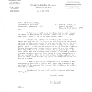 Senador de Dakota del Sur Karl Mundt Memo oficial con membrete Xerox 1967 TK1-P6