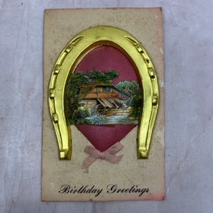 Goldenes Hufeisen & Stoff Postkarte Geburtstag Good Luck 3D Antike Postkarte SF4