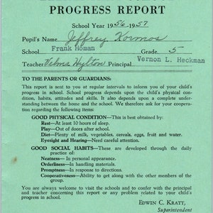 1956-57 Escuelas de la ciudad de Fresno Boleta de calificaciones de Fresno CA Jeffrey Kormos Grado 6 AB9