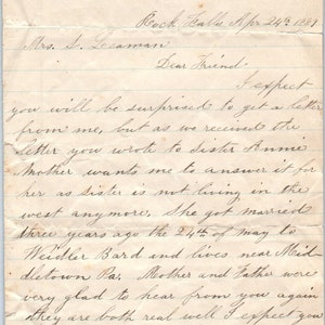 1889 Carta manuscrita Melinda Landis Rock Falls D23