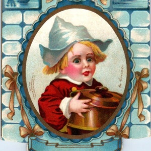 The White Sewing Machine Co. Tarjeta comercial antigua de niño holandés troquelada AD7