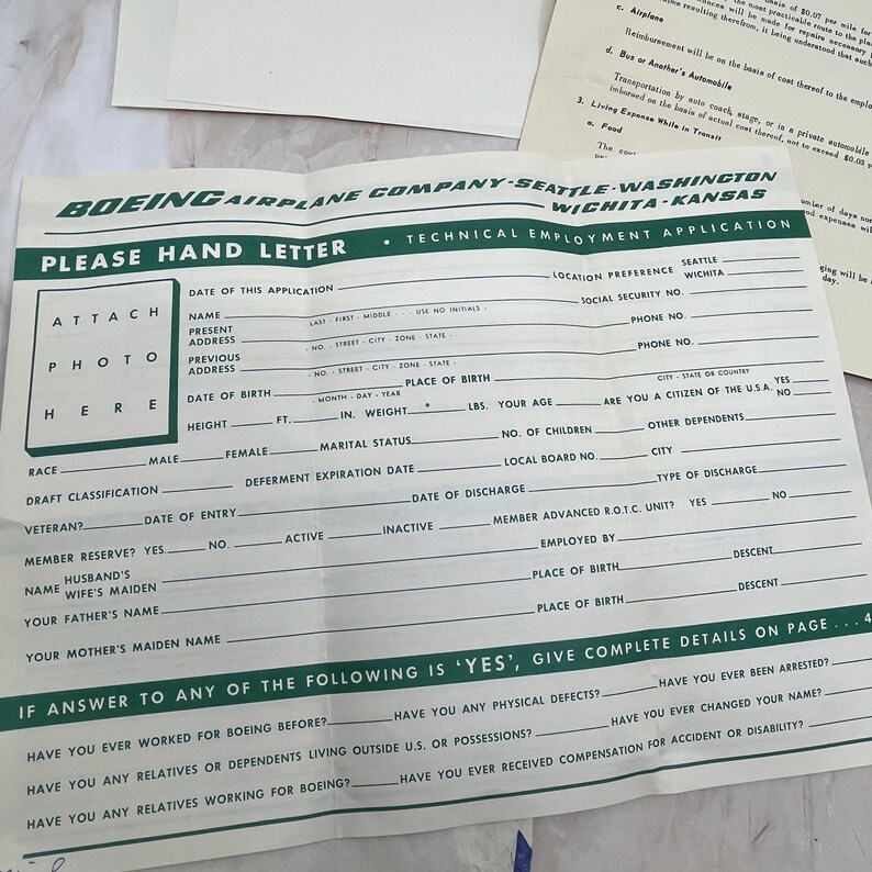 1955 Boeing Airplane Company Wichita KS Employment Offer and Ephemera ...