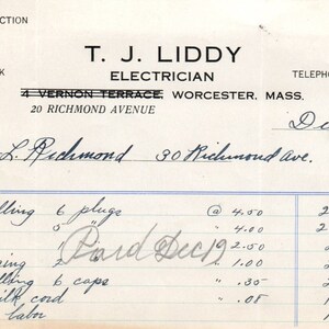 TJ Liddy Electricista Worcester 1925 Recibo con membrete original Billhead D8-LL