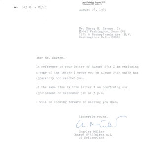 Memo oficial membretado de la Embajada de Suiza Charles Muller 28/9/67 TK1-P7