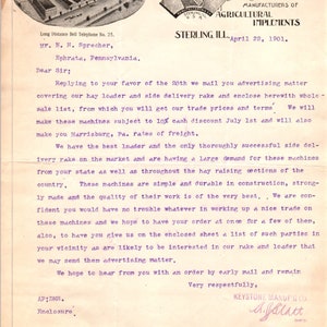 1901 Keystone Manufacturing Co Implantes Agrícolas Sterling IL Membrete D11