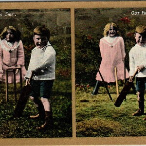 Dzieci wiktoriańskie grające w krykieta, pamiątka z ok. 1905 r., oryginalna pocztówka TK1-23