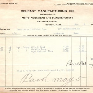 Belfast Mfg Co Neckwear Boston 1925 Original Billhead Membrete Recibo D8-LL