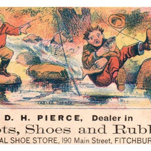 D.H. Pierce Boot Schuhe Gummis Fitchburg Mass FISHING - 1880er Jahre Trade Card TJ8-3
