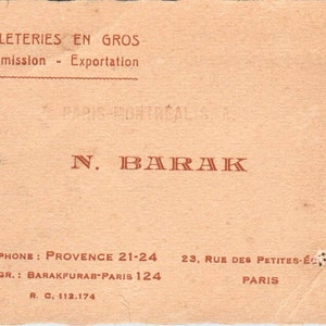 N. Barak Pelleteries En Gros Paris Montreal Tarjeta de visita vintage TK2-CC