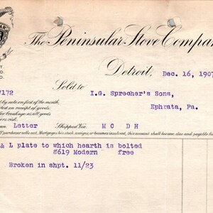 1907 The Peninsular Stove Company Detroit MI membrete recibo D11