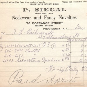 P. Siegal Neckwear Providence RI 1923 Recibo original con membrete D8-LL