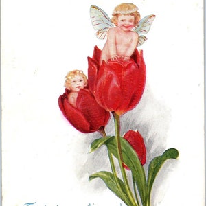 Geburtstag Feen Gesicht in Blüte Tulpen Geprägt 1924 Original Postkarte TK1-27