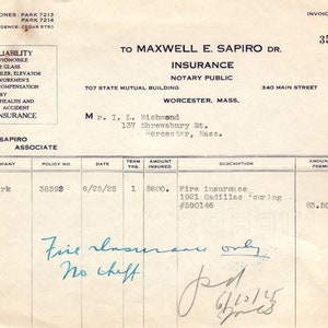 Maxwell E. Sapiro Ins Worcester 1925 Recibo con membrete original Billhead D8-LL