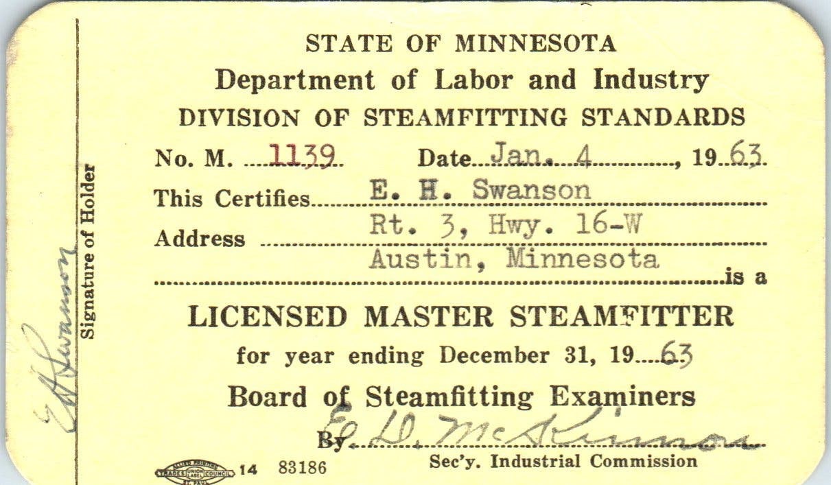 1963 Department of Labor Master Steamfitter Card E.H. Swanson Austin MN AD7