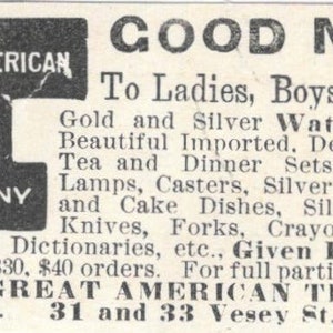 Oferta de relógio grátis da Great American Tea Co NY 1893 Judge Magazine Ad AB9-SB