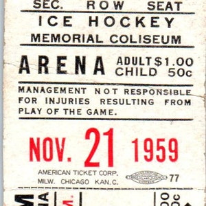1959 21 de noviembre Memorial Coliseum Fort Wayne Komets Talón del juego de hockey sobre hielo AB9