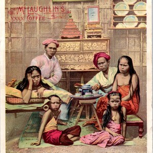 1880er Jahre Eine malaiische Familie McLaughlin's Coffee große viktorianische Handelskarte AE9-LT