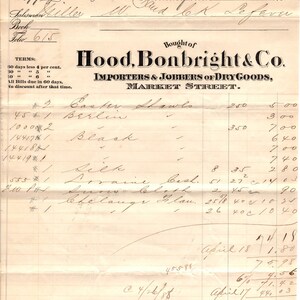 1888 Hood, Bonbright & Co Importadores Filadelfia Membrete Billhead Recibo D11