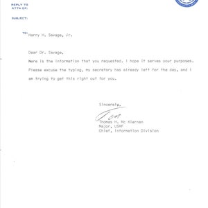 Departamento de la Fuerza Aérea Mayor Thomas H. McKiernan Membrete 1960 TK1-P4