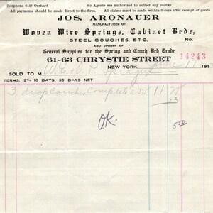 Jos. Aronauer Muelles de alambre tejido 1913 Recibo con membrete en papel factura original D8-LL