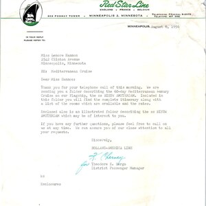 1956 Holland America Line Red Star Line Briefkopf Memo D9