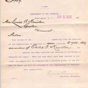 Carta do Departamento do Interior de Washington DC de 1893 para Louisa A Keniston Groton D23