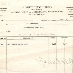 Rozefsky Bros Mill Agents Worcester MA 1925 Original Billhead Membrete D8-LL