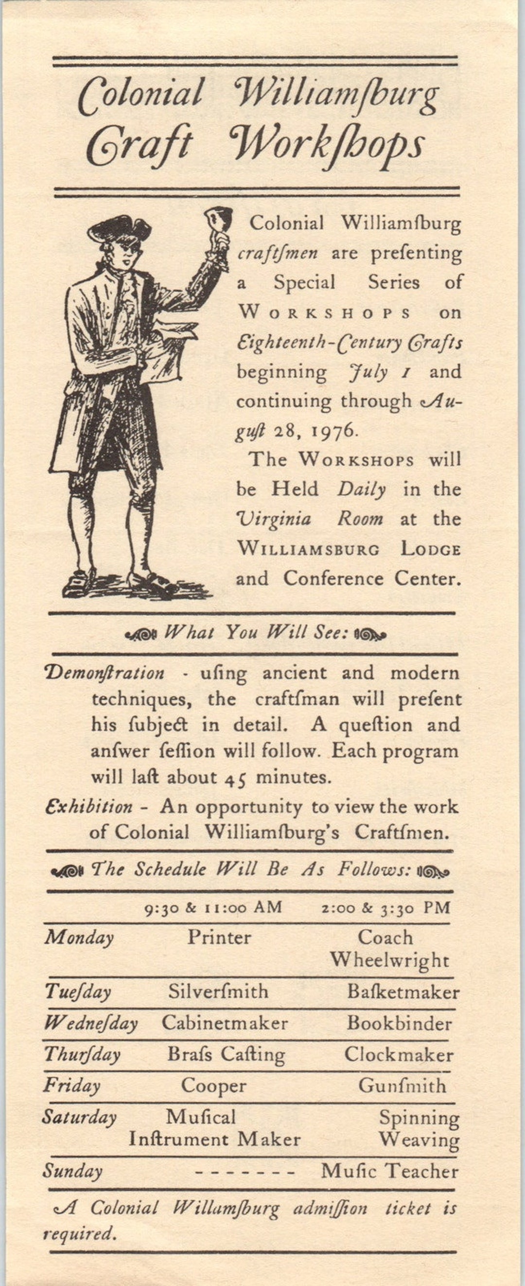 1976 Colonial Williamsburg Craft Bicentennial Travel Leaflet