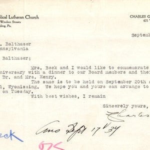 1937 Iglesia Luterana del Espíritu Santo Leyendo Rev Charles Gurney Beck Membrete D21