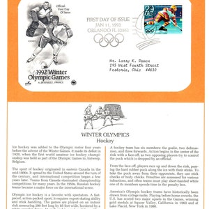 1992 US Ersttagsbrief, 29 Cent Olympische Winterspiele Hockey D10