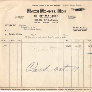 Jacob Cohen & Son Shirt Makers NY Recibo con membrete original Billhead D8-LL