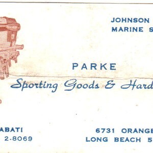 Parke Sporting Goods & Hardware Tony Abati Long Beach Vtg Biglietto da visita SD8-B8