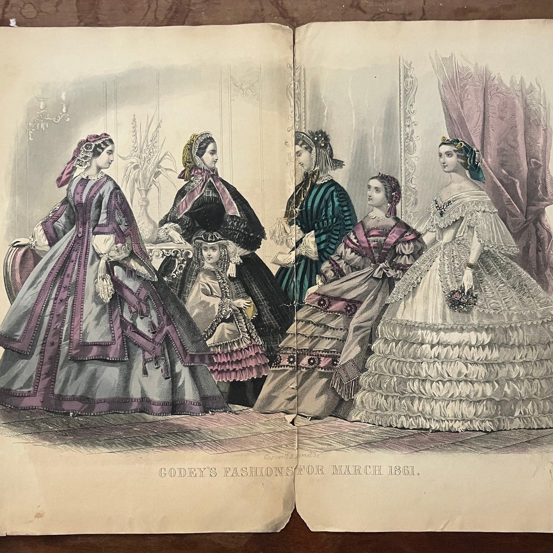 1861 Fashions for March Tinted Engraving Print Godey's Lady's Book D4-3 ...