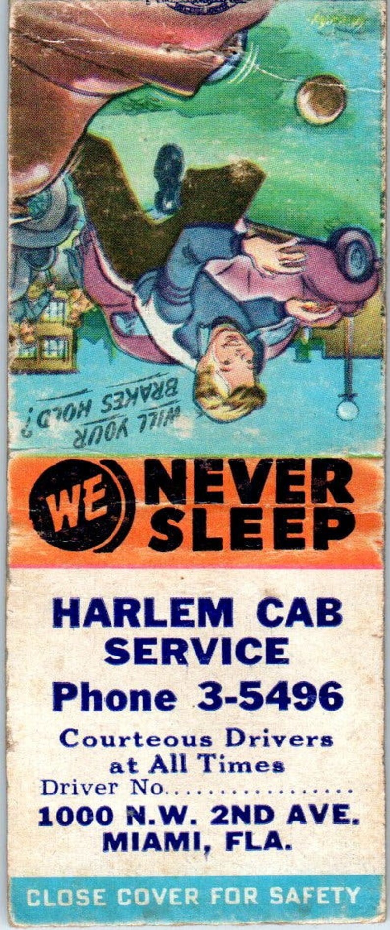 Harlem Cab Service Miami FL We Never Sleep Advertising Matchbook Cover