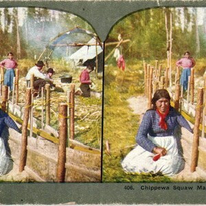Chippewa Squaw maakt berkenkano - Antieke Stereoview-kaart TJ1-C1