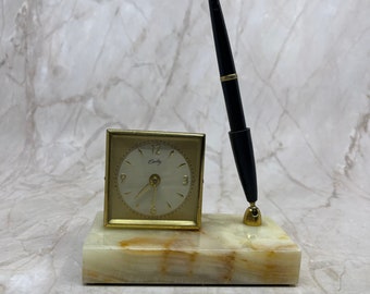 Vintage Bradley Uhr und Stift Schreibtisch Uhr & Stift Set Auf Marmorsockel TI8