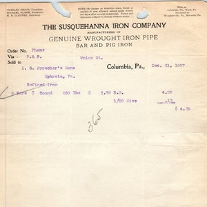 1907 The Susquehanna Iron Company Columbia PA Membrete Billhead Recibo D11