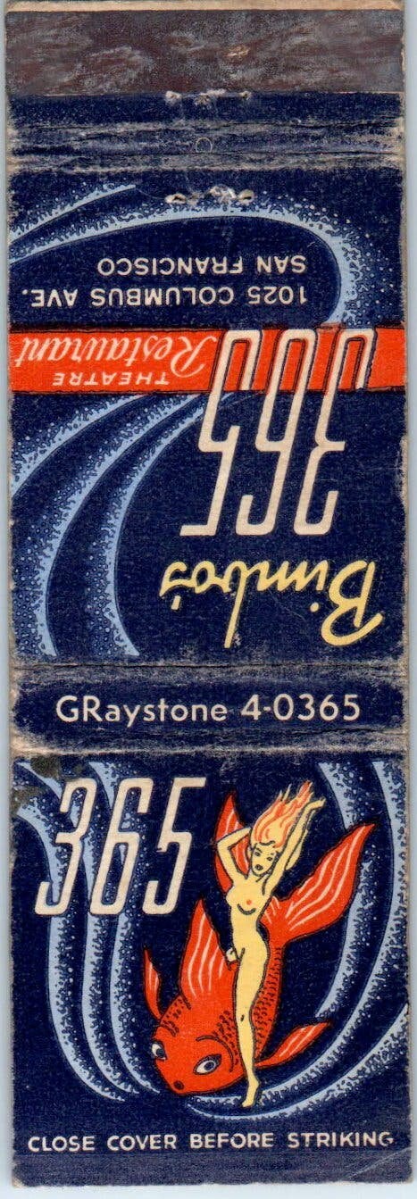 Bimbo's 365 Restaurant San Francisco CA Advertising Matchbook Cover SA9-M9