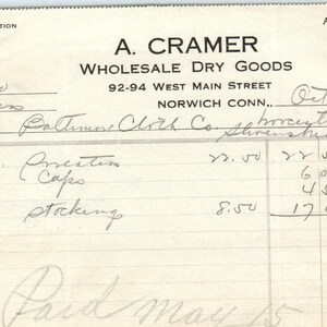 A. Cramer Dry Goods Norwich CT 1923 Recibo con membrete en papel factura original D8