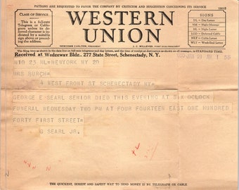 1930 Western Union Telegram George E. Searl Death Schenectady NY AE6